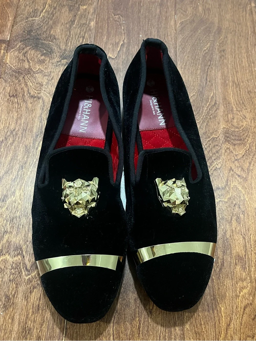 Black Velvet Slip-On Loafers with Rose Gold Accents